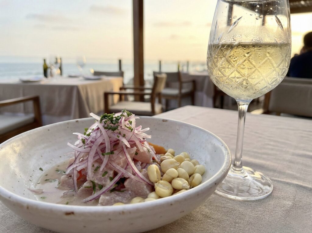 Taça de vinho branco gelado ao lado de um prato de ceviche fresco, ilustrando que ceviche combina com vinho.