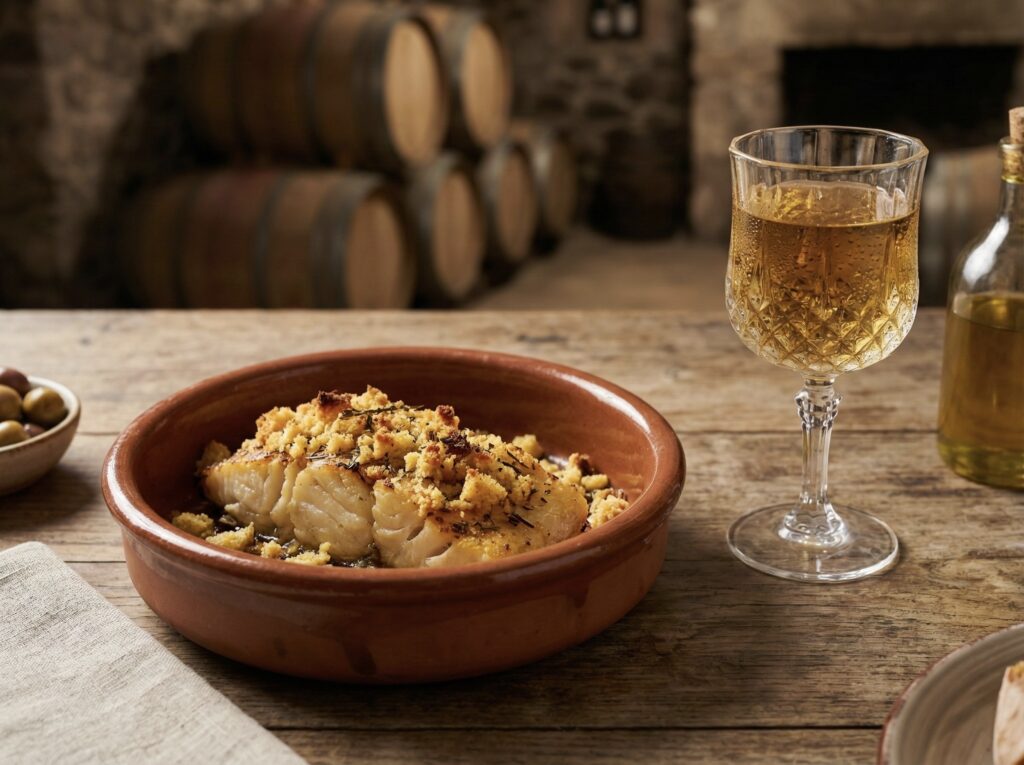 Taça de vinho branco ao lado de prato de bacalhau com broa servido em travessa de barro.