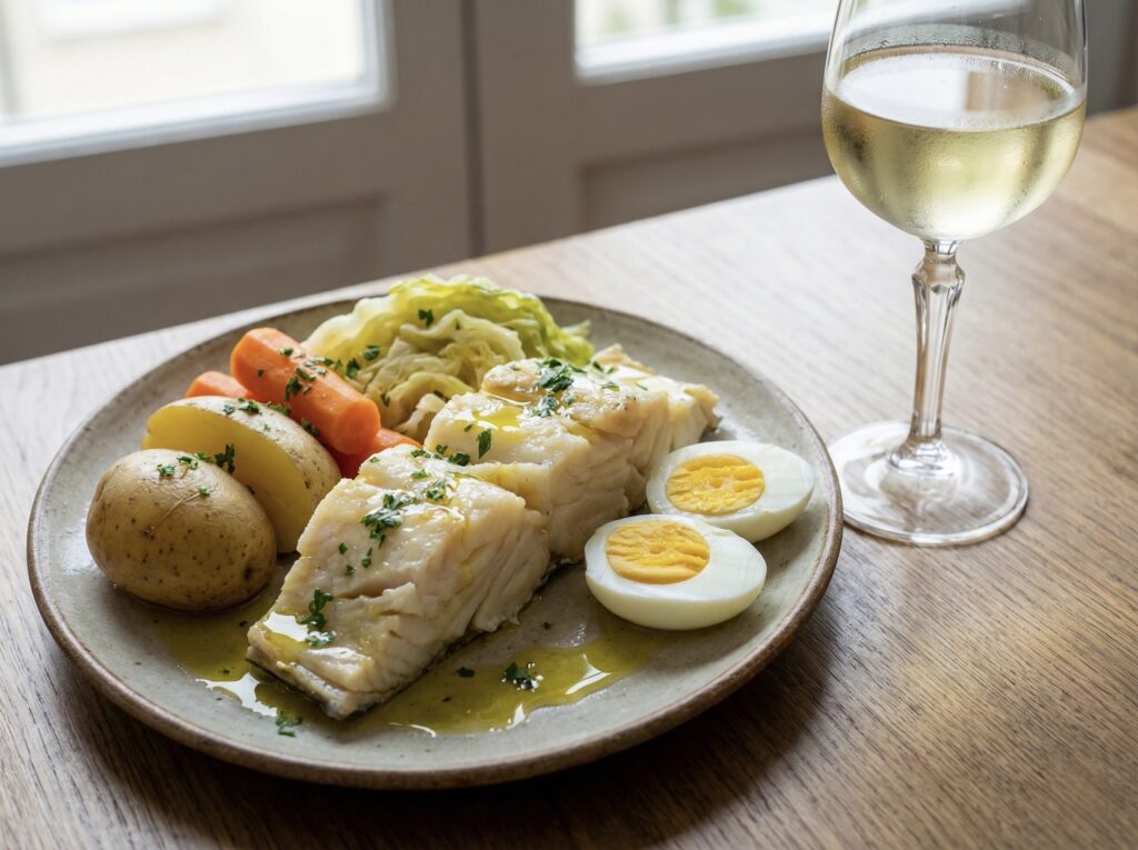 Prato de bacalhau cozido com legumes servido ao lado de uma taça de vinho branco, ilustrando a harmonização ideal de vinho para bacalhau cozido.