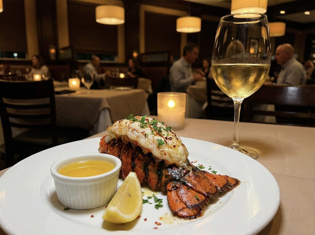 Taça de vinho branco Chardonnay ao lado de um prato com lagosta grelhada, ilustrando o vinho para acompanhar lagosta ideal.