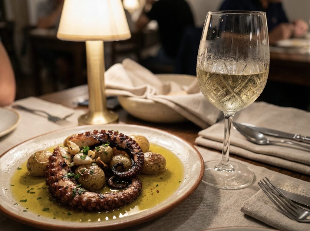 Prato de polvo à lagareiro servido ao lado de uma taça de vinho branco, ilustrando o vinho que harmoniza com polvo.