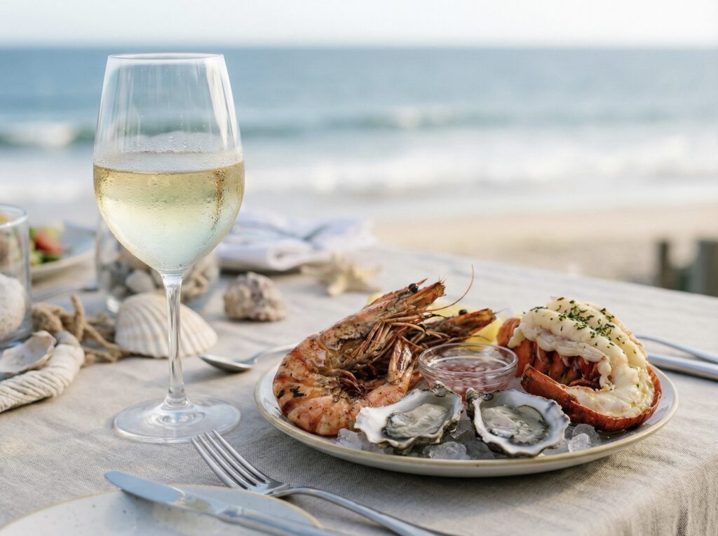 Taça de vinho branco gelado ao lado de um prato gourmet com camarões e lagosta, exemplificando vinhos para frutos do mar.