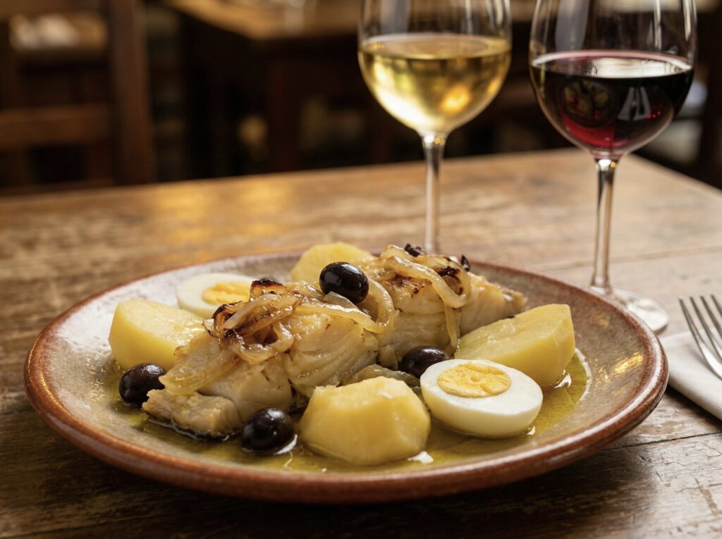 Prato de Bacalhau à Portuguesa servido com taças de vinho branco e tinto ao fundo, ilustrando o vinho para acompanhar bacalhau à portuguesa.
