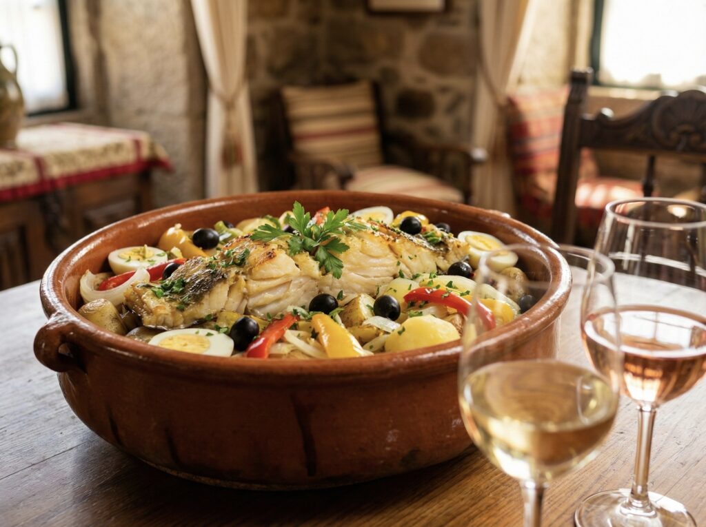 Mesa posta com prato de bacalhoada tradicional e taças de vinho branco e tinto para harmonização.
