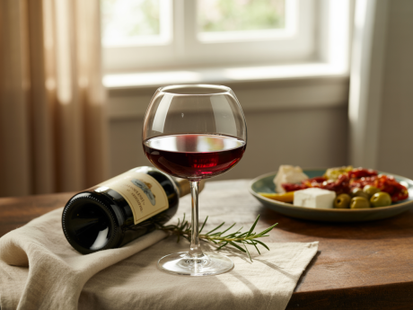 Taça de vinho tinto em mesa elegante com refeição leve, representando os benefícios do vinho para a saúde.