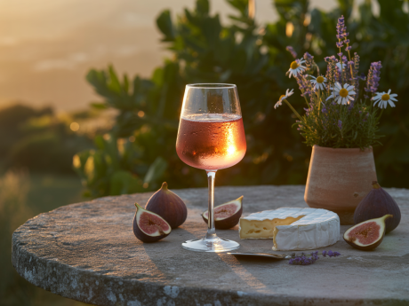 Taça de vinho rosé em ambiente ao ar livre, representando os benefícios do vinho rosé para saúde e paladar.