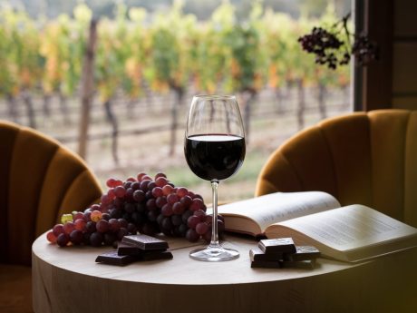 Taça de vinho tinto em ambiente aconchegante, representando os benefícios do vinho tinto para a saúde.