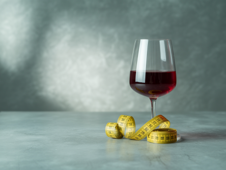 Taça de vinho ao lado de uma fita métrica representando as calorias dos vinhos.