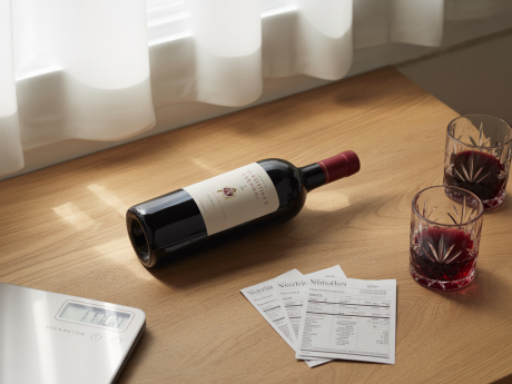 Imagem editorial de uma garrafa de vinho com elementos visuais que representam as calorias por garrafa de vinho