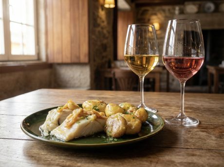 Prato de Bacalhau à Lagareiro servido ao lado de taças de vinho branco e tinto para harmonização.