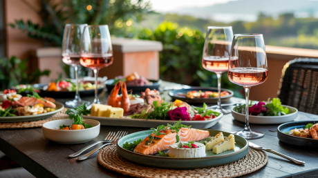 O que combina com vinho rosé? Em uma mesa ao entardecer, pratos leves como frutos do mar, queijos e saladas