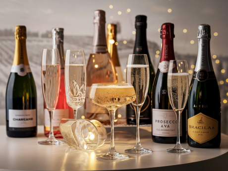 Garrafas do melhor espumante do mundo em destaque sobre mesa elegante com taças de cristal