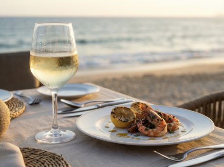 Taça de vinho branco gelado ao lado de um prato de camarões grelhados em um jantar à beira-mar.