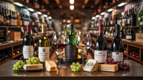 Taças de melhores vinhos tintos e brancos sobre mesa elegante, cercadas por garrafas premiadas em uma cave refinada