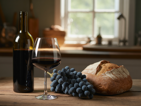 Taça de vinho tinto em ambiente acolhedor, simbolizando que tomar vinho faz bem quando consumido com moderação.