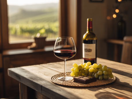 Taça de vinho tinto sobre mesa rústica com uvas e aperitivos, ilustrando se tomar vinho todo dia faz bem para a saúde.