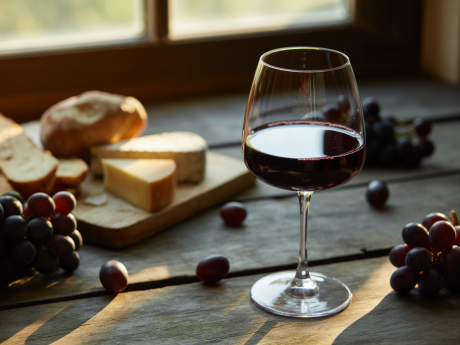 Taça de vinho bordô com luz natural ao fundo, destacando os benefícios do vinho bordô em um contexto elegante e saudável.