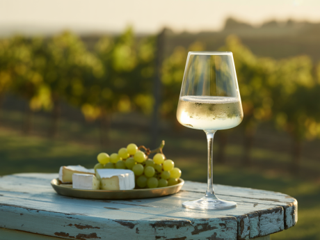 Taça de vinho branco com cenário elegante, representando os benefícios do vinho branco para a saúde e o bem-estar.
