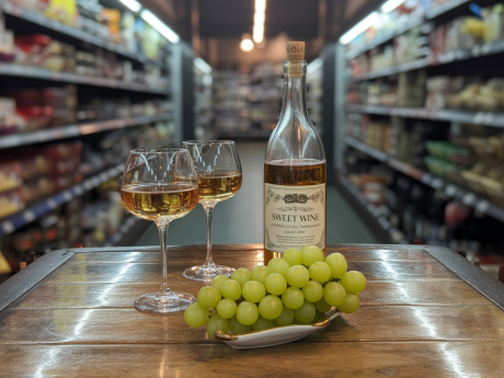 Taça e garrafa de vinho doce bom e barato de supermercado em uma mesa rústica com uvas frescas ao lado.