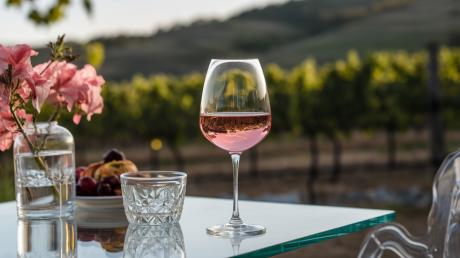 Taça de vinho rosé sendo servida em ambiente ao ar livre com vinhedos ao fundo