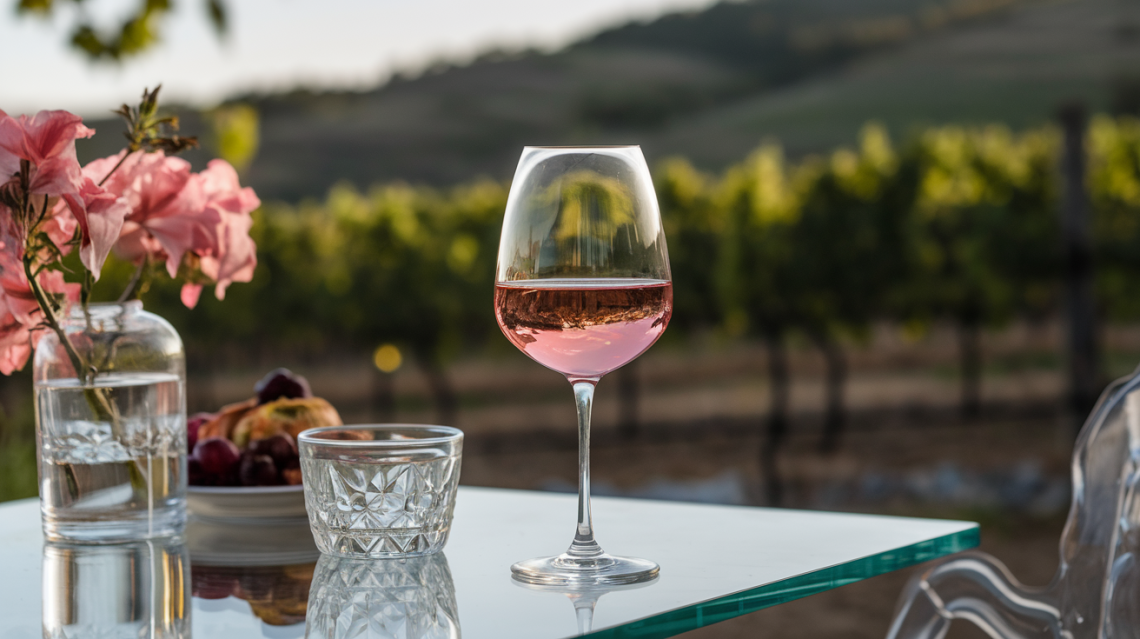 Taça de vinho rosé sendo servida em ambiente ao ar livre com vinhedos ao fundo