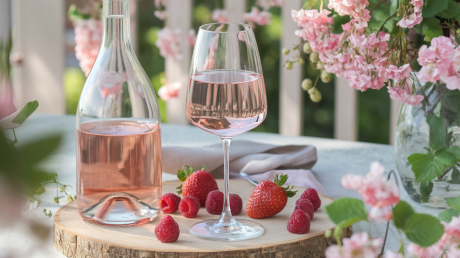 Taça de vinho rosé suave com garrafa ao lado de frutas vermelhas frescas