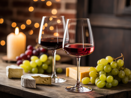Taça de vinho seco e taça de vinho suave lado a lado em uma mesa rústica, representando a comparação entre estilos de vinho seco ou suave.